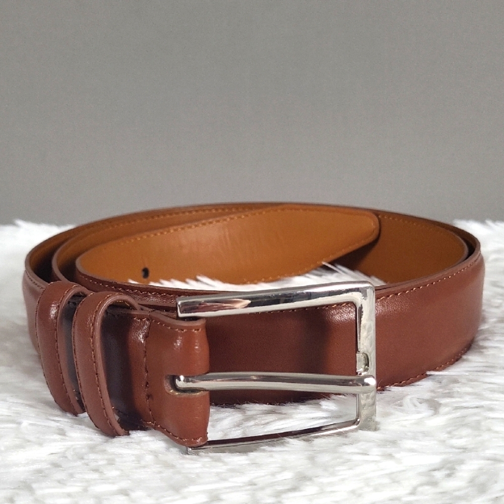 Nordstrom Men's Store Cognac Leather Belt with Silver Tone Hardware, Waist 44